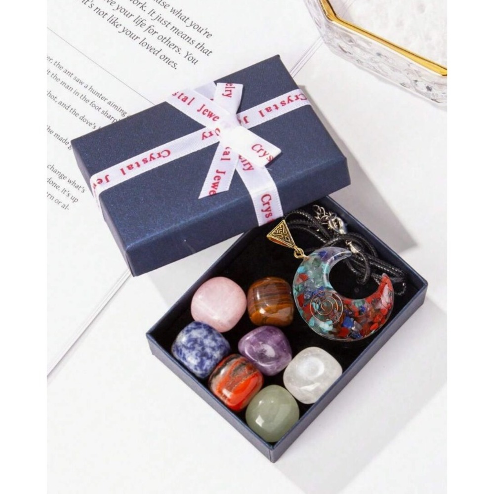 Healing Crystal Gift Set 7 Chakra Tumbled Stones Moon Pendant Necklace Boxed
